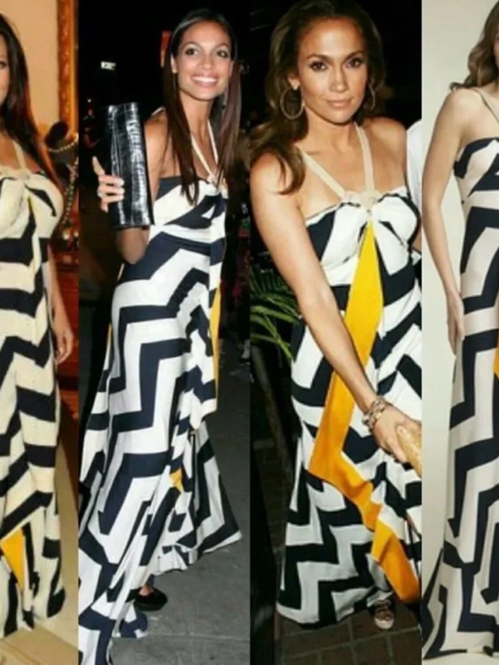 Diane Von Furstenberg Navy, White & Yellow Chevron Halter Maxi Dress